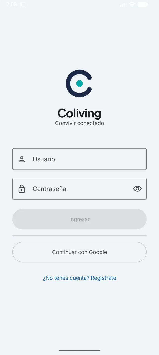 Pantalla de ingreso de ColivingApp con usuario, contraseña y acceso con Google