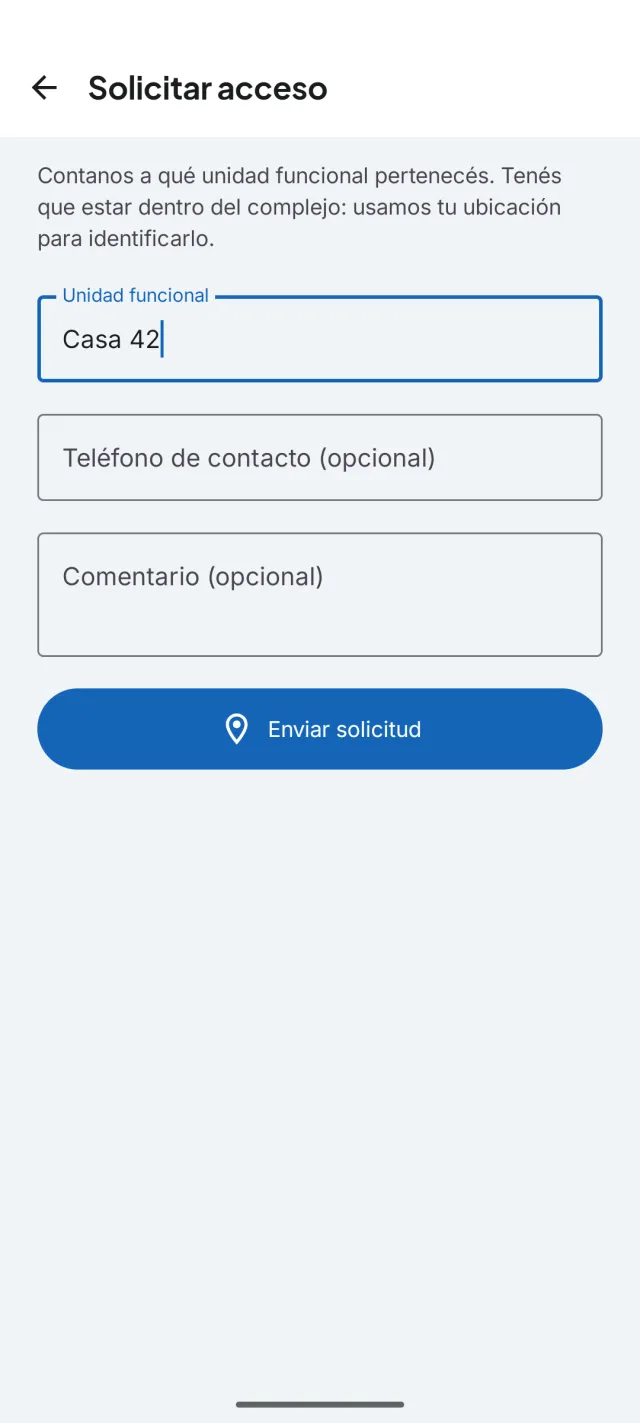 Formulario para solicitar acceso indicando el complejo y la unidad funcional