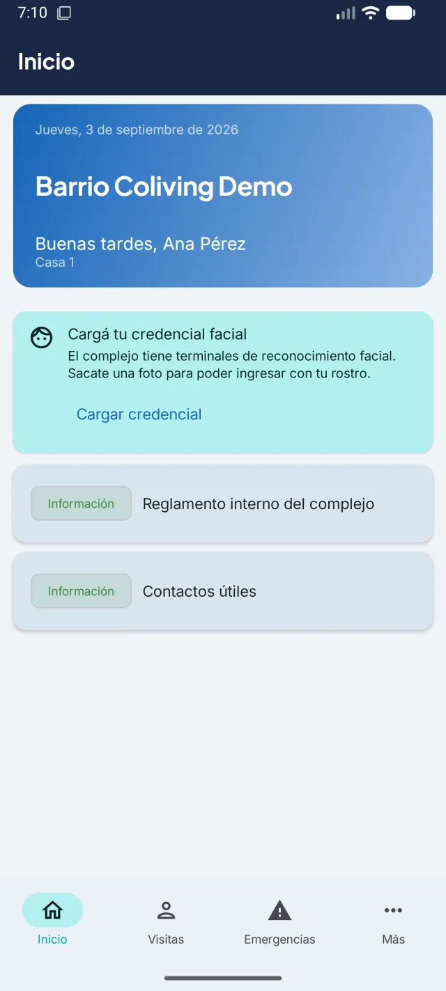 Pantalla de inicio de ColivingApp con el aviso para cargar la credencial facial