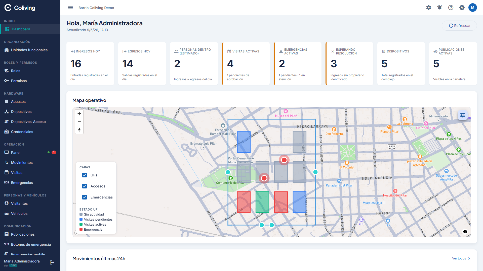 Dashboard de ColivingHub mostrando el mapa operativo y métricas del complejo
