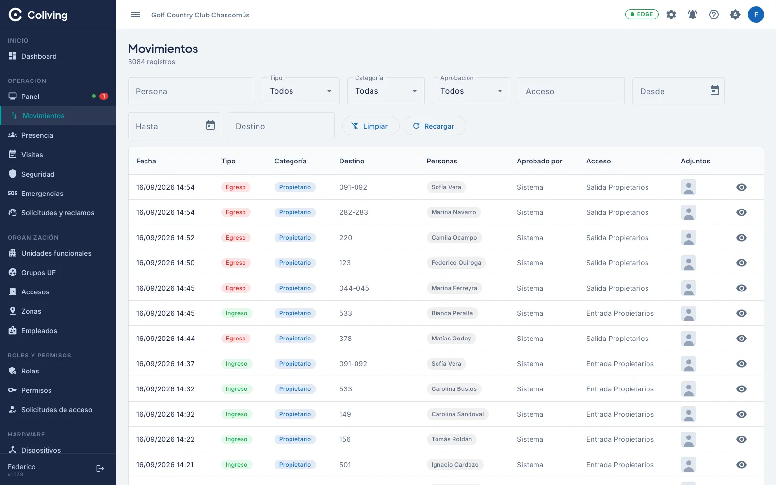 Listado de movimientos con fecha, sentido, categoría, lote de destino, persona, quién aprobó y el acceso utilizado